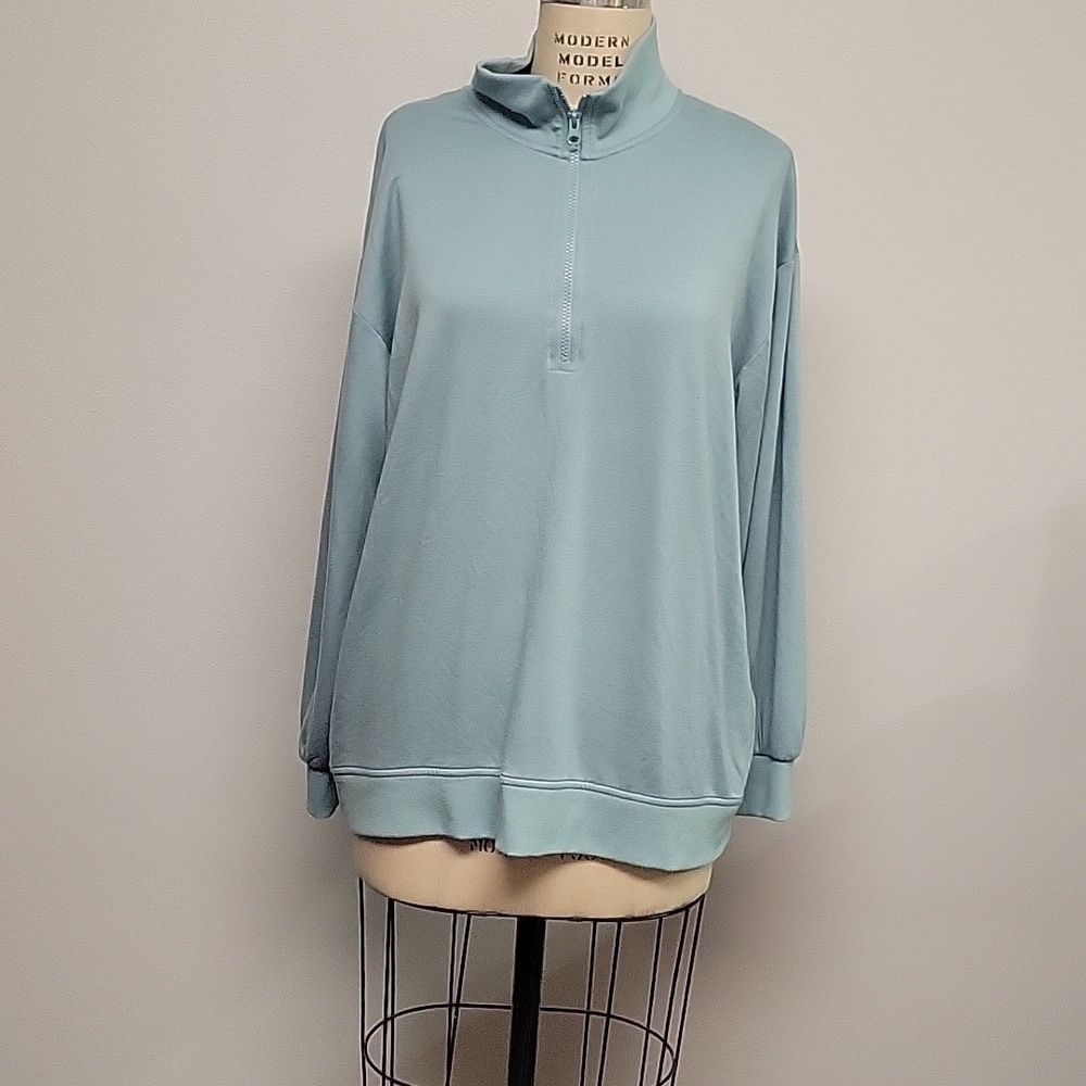 Three Dots relaxed fit cozy quarter zip Nile blue pullover. Sz XL